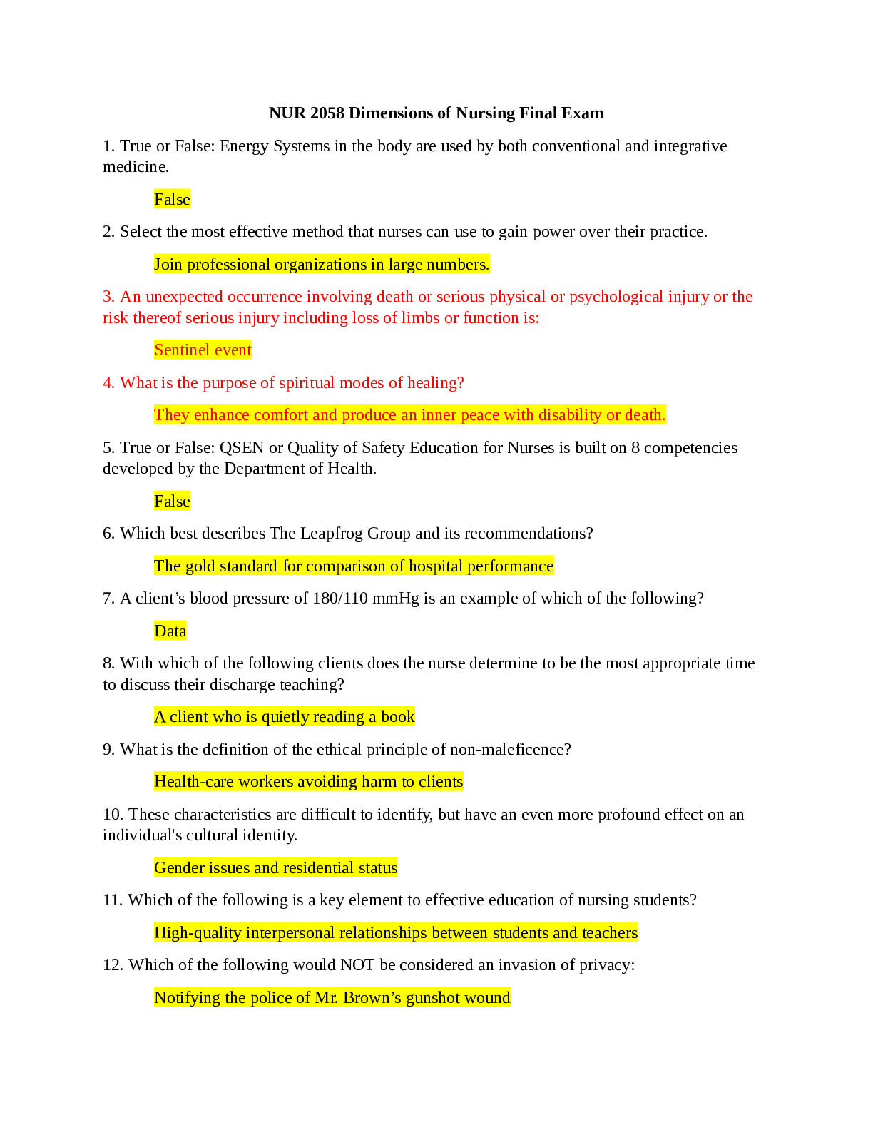Preview of NUR 2058 Dimensions of Nursing Final Exam. Questions and Correct Answers. All You Need for